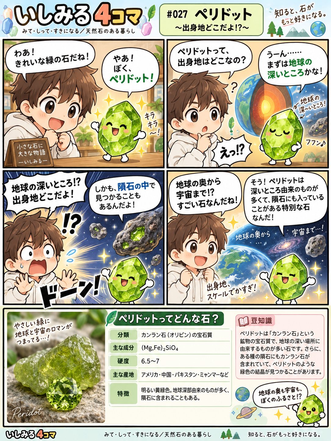 いしみる4コマ #027 ペリドット｜出身地どこだよ!?