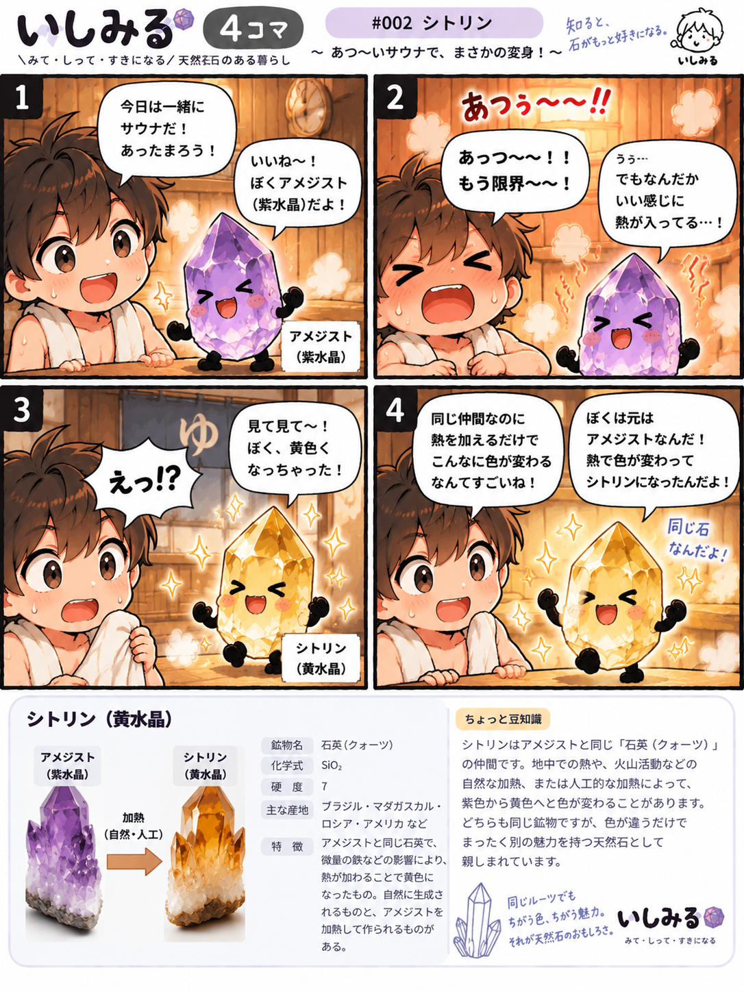 いしみる4コマ #002 シトリン（黄水晶）｜加熱処理