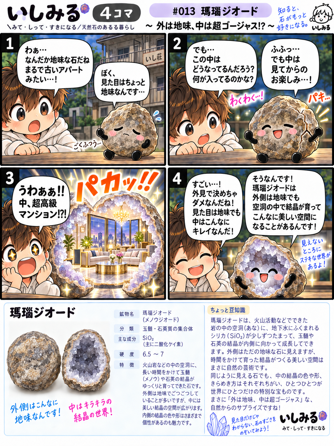 いしみる4コマ #013 瑪瑙ジオード｜外は地味、中は超ゴージャス!?
