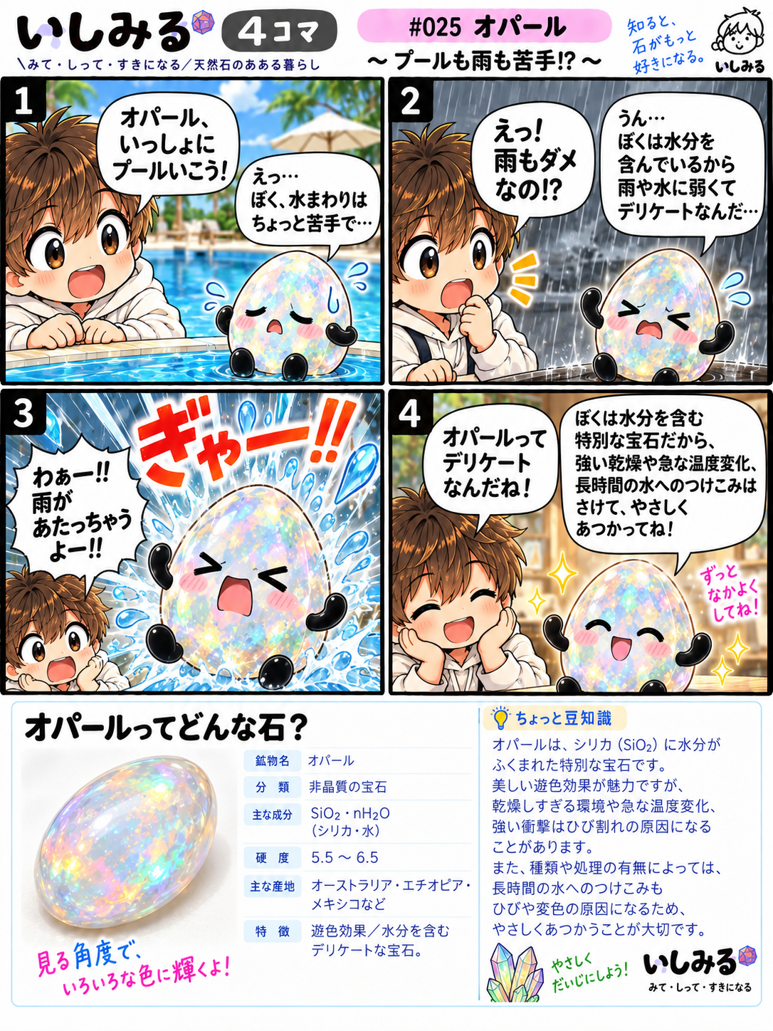 いしみる4コマ #025 オパール｜プールも雨も苦手!?