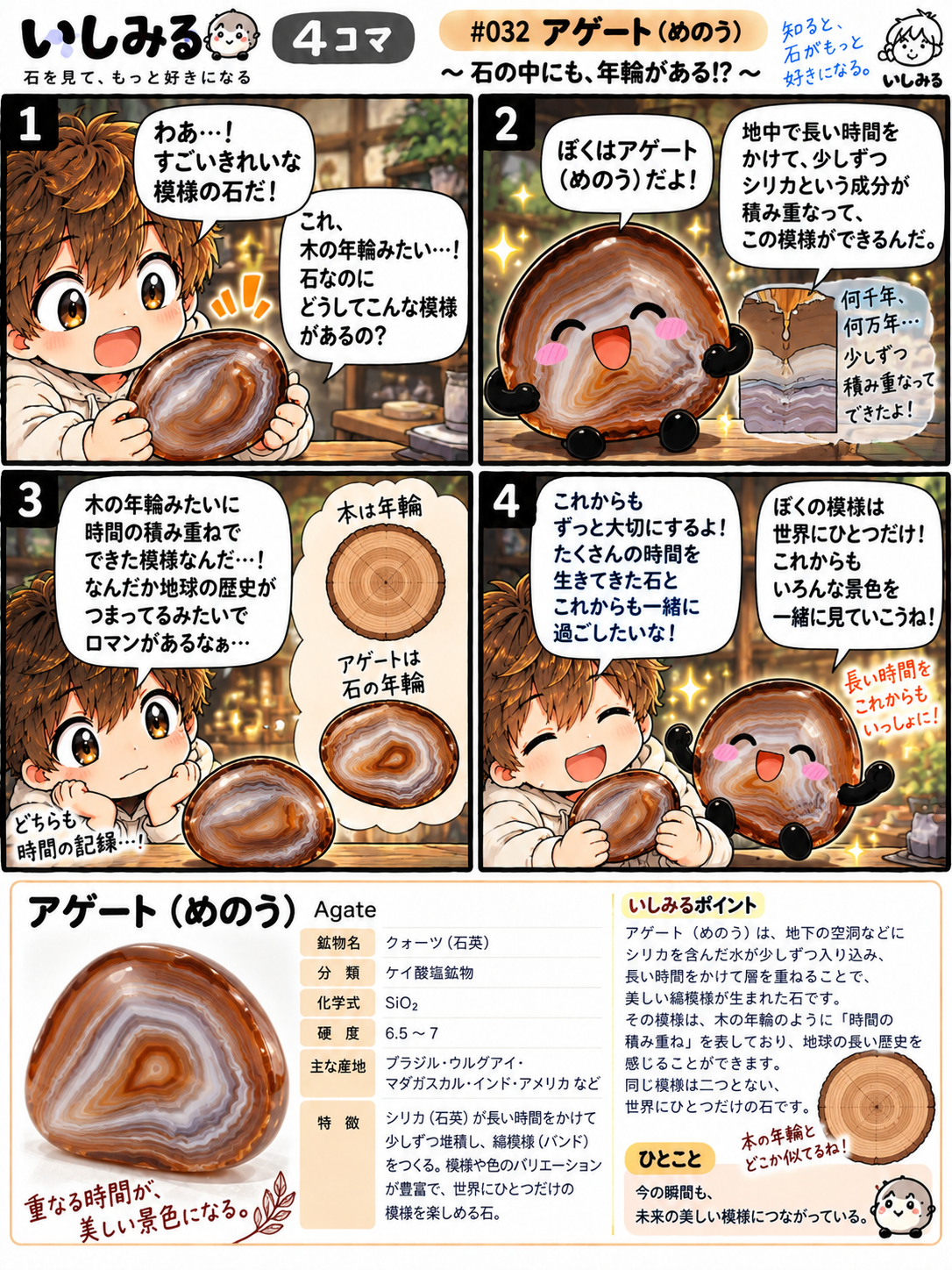 いしみる4コマ #032「アゲート(めのう)」石の中にも、年輪がある!?