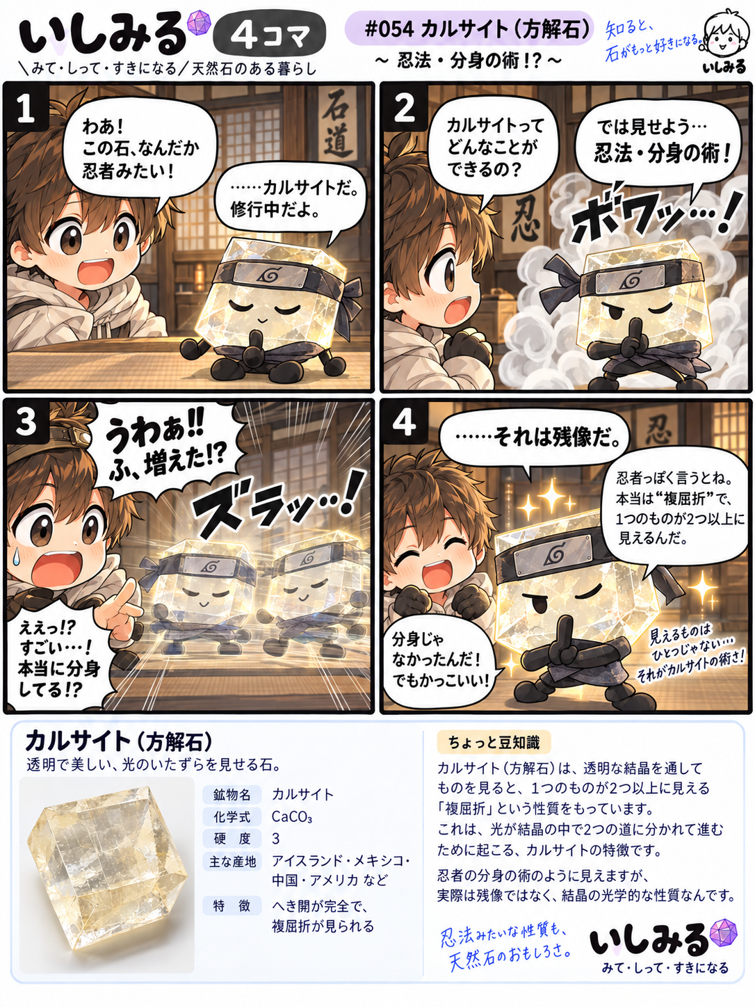いしみる4コマ #054 カルサイト(方解石)|複屈折