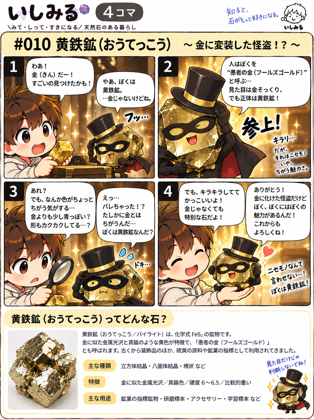 いしみる4コマ #010 黄鉄鉱｜金に変装した怪盗!?