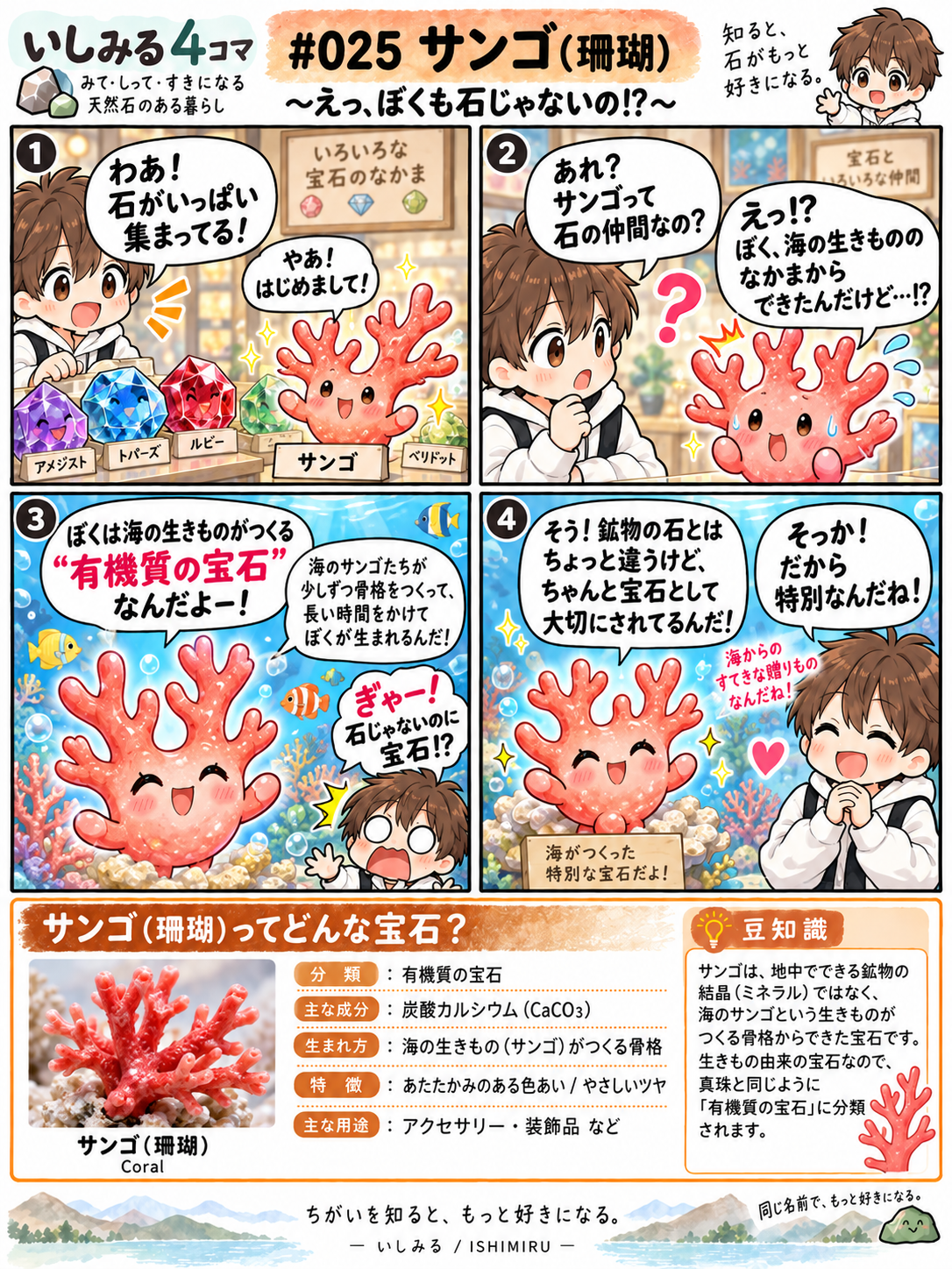 いしみる4コマ #025 サンゴ（珊瑚）｜えっ、ぼくも石じゃないの!?