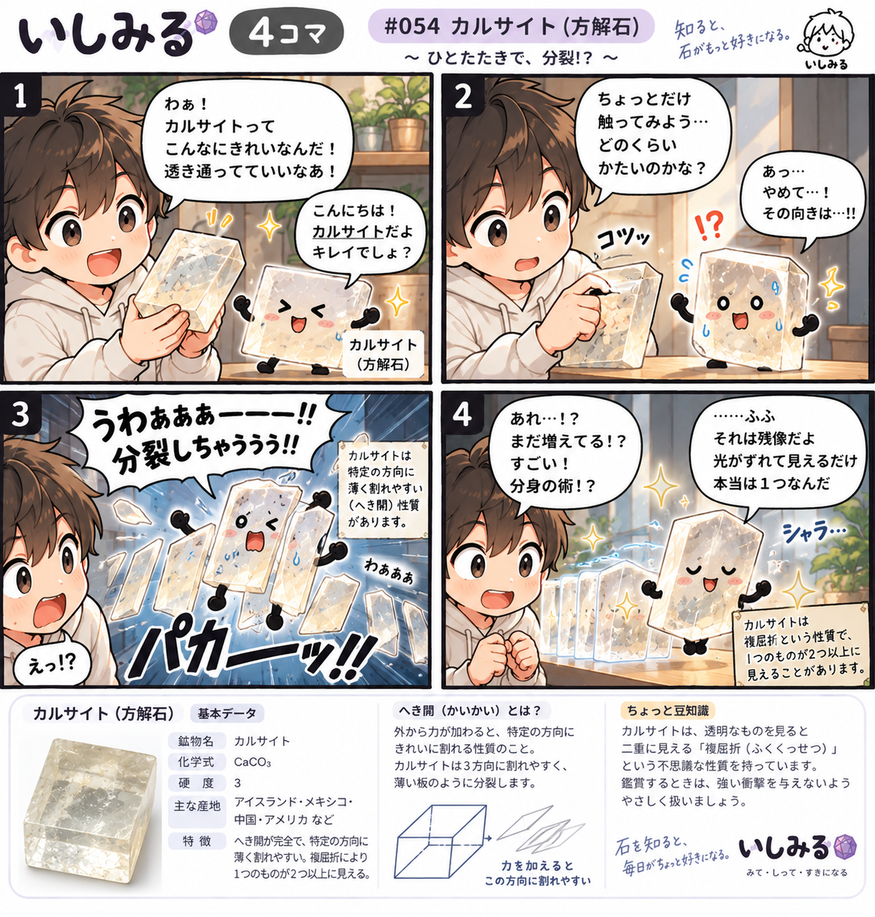 いしみる4コマ #054 カルサイト(方解石)|劈開と複屈折