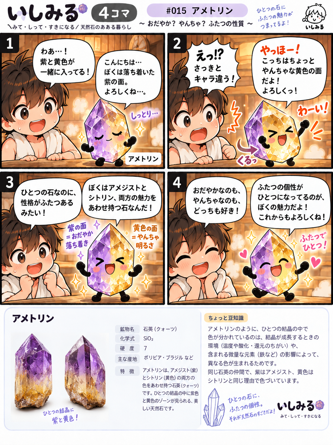 いしみる4コマ #015 アメトリン｜石英の色