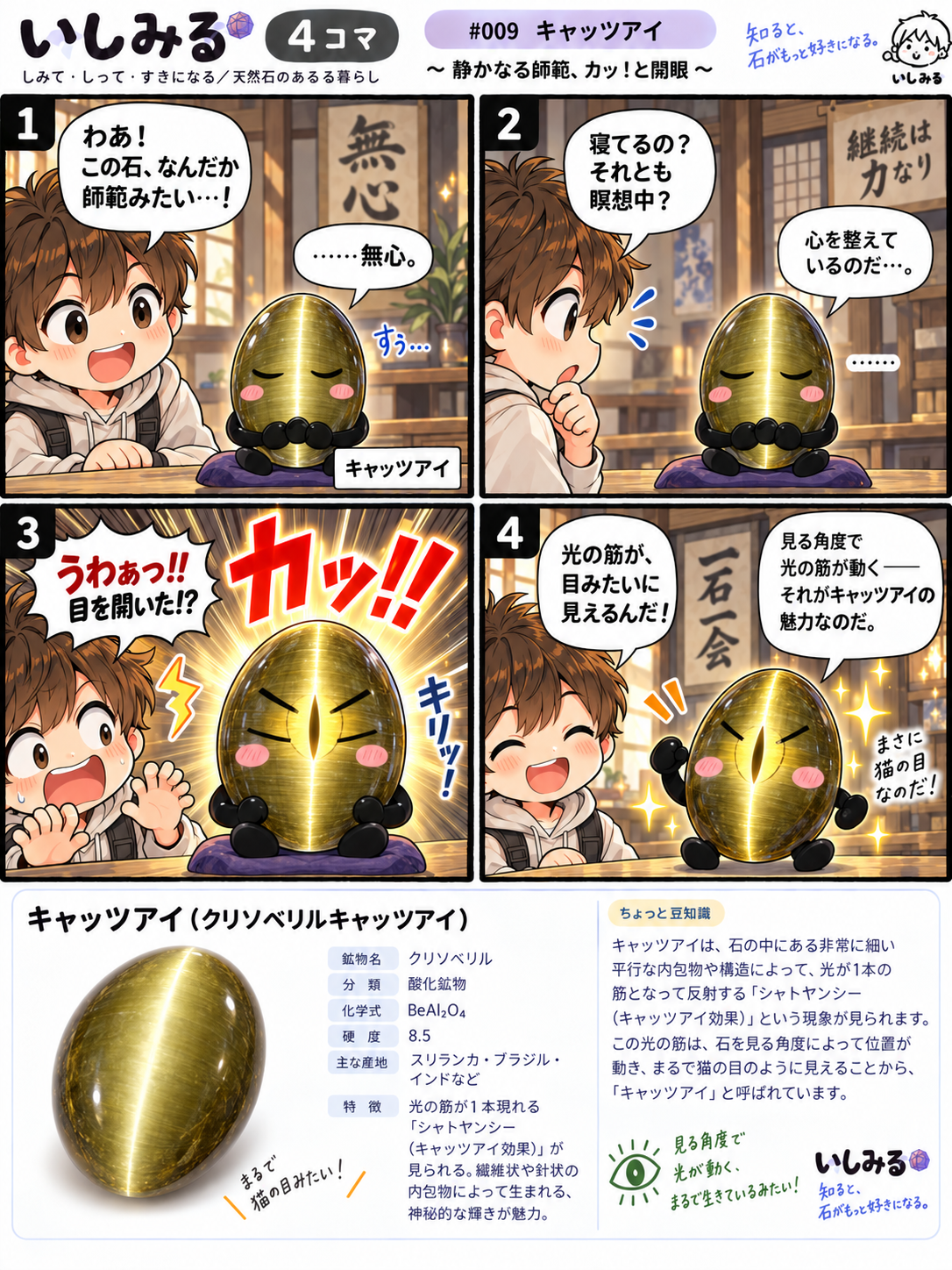 いしみる4コマ #009 キャッツアイ（クリソベリルキャッツアイ）｜キャッツアイ効果