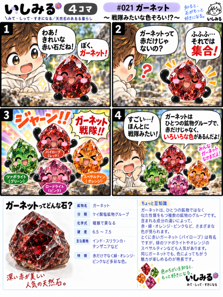 いしみる4コマ|ガーネットの色の違い。実物写真ではありません
