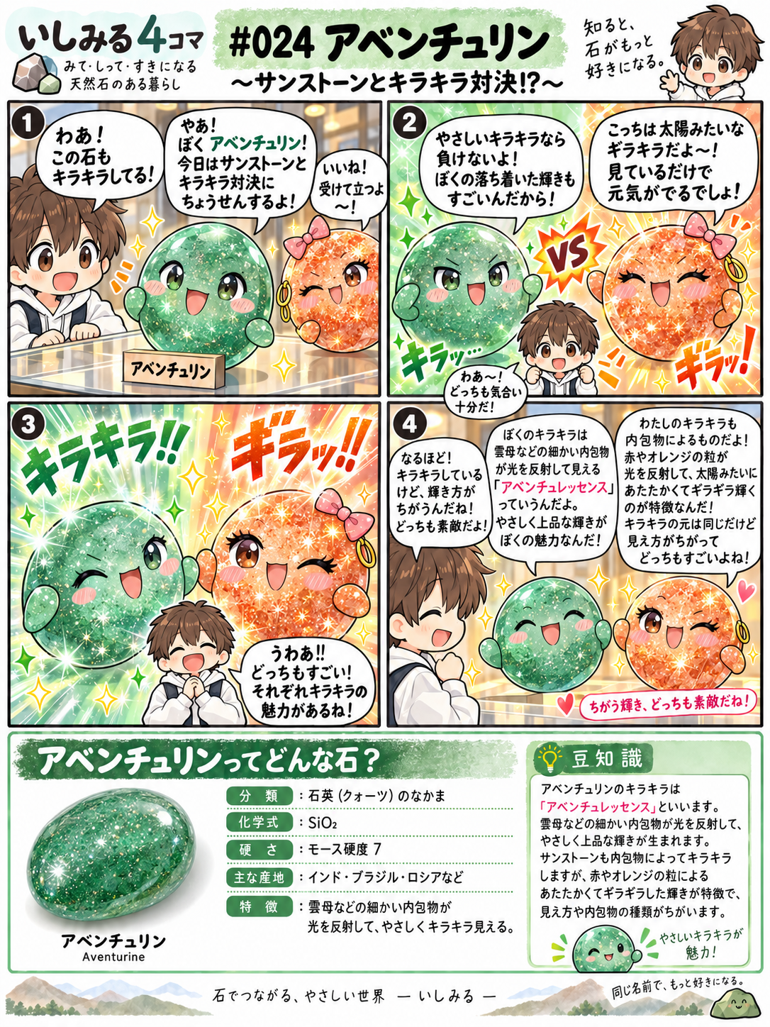 いしみる4コマ #024 アベンチュリン｜サンストーンとキラキラ対決!?