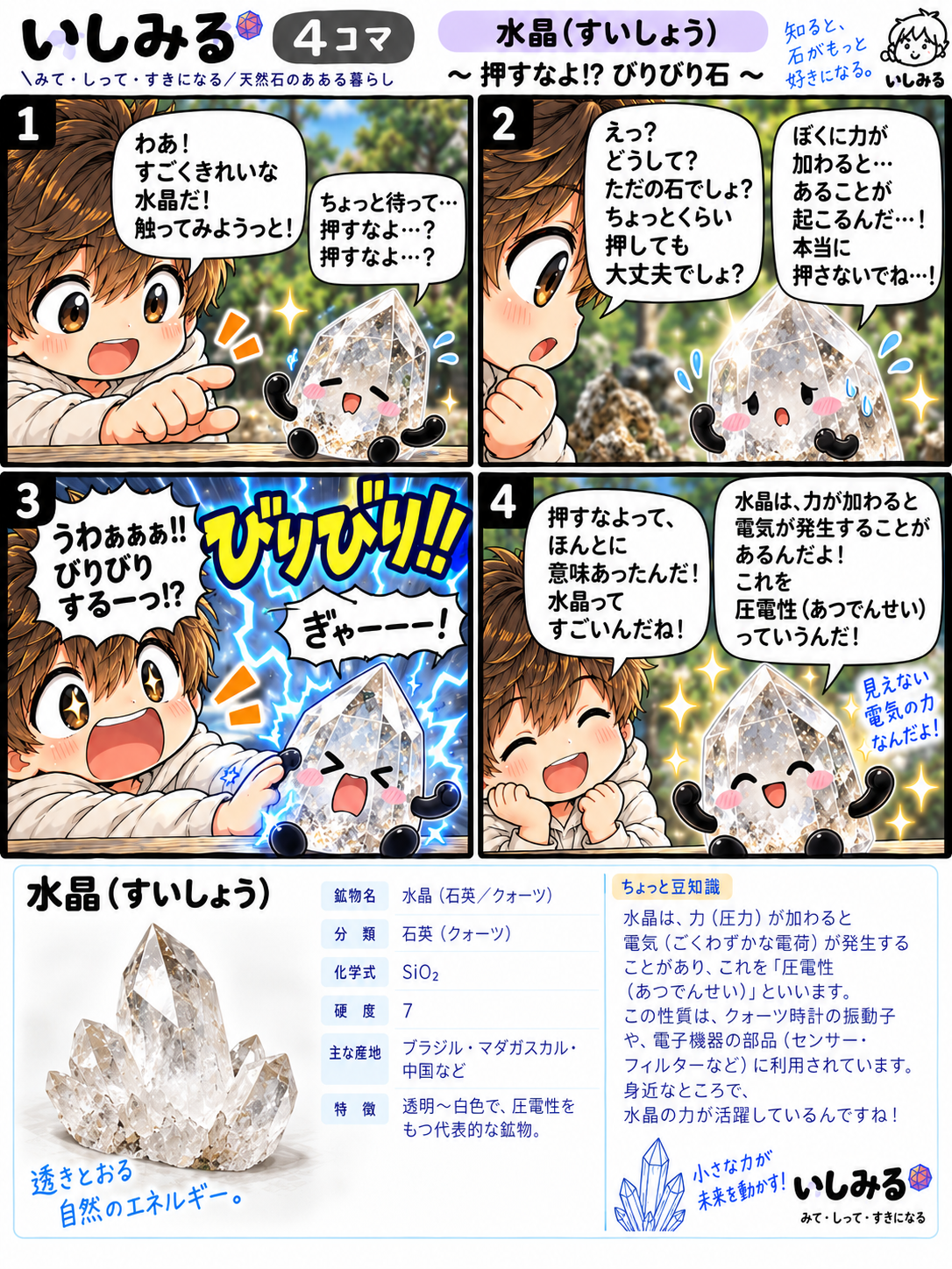 いしみる4コマ 水晶｜押すなよ!? びりびり石