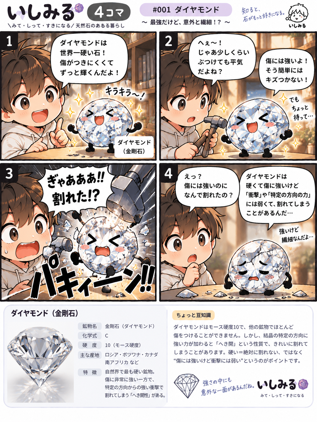いしみる4コマ #001 ダイヤモンド（金剛石）｜硬度と割れやすさ
