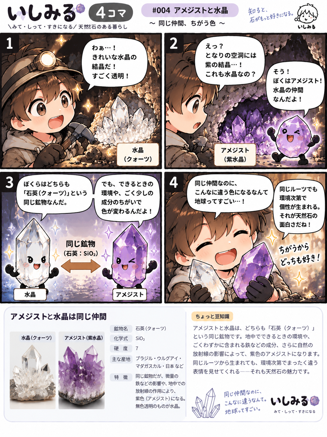 いしみる4コマ #004 アメジストと水晶｜石英の色