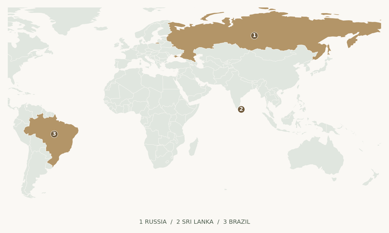 ロシア、スリランカ、ブラジルの国位置図