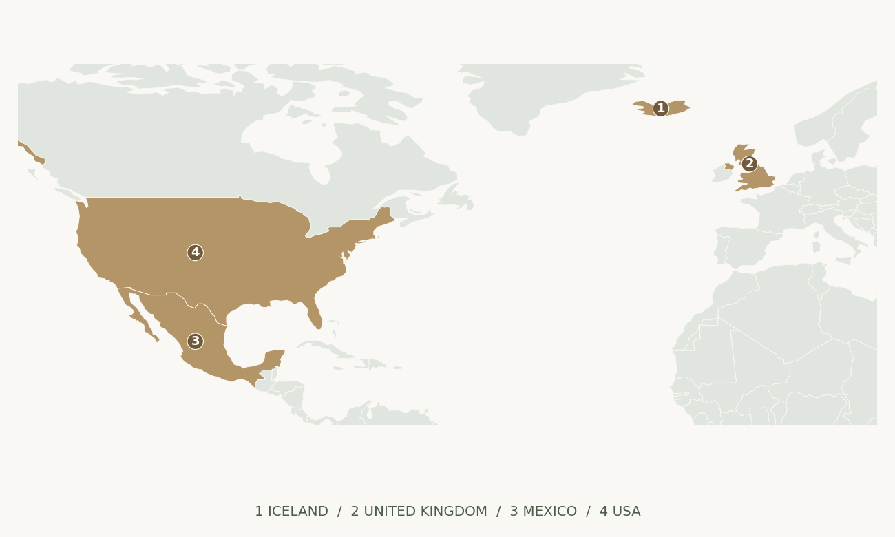 アイスランド、イギリス、メキシコ、アメリカの国位置図