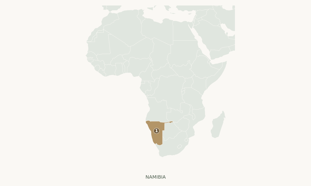 アフリカ南西部のナミビアの位置を示す地図