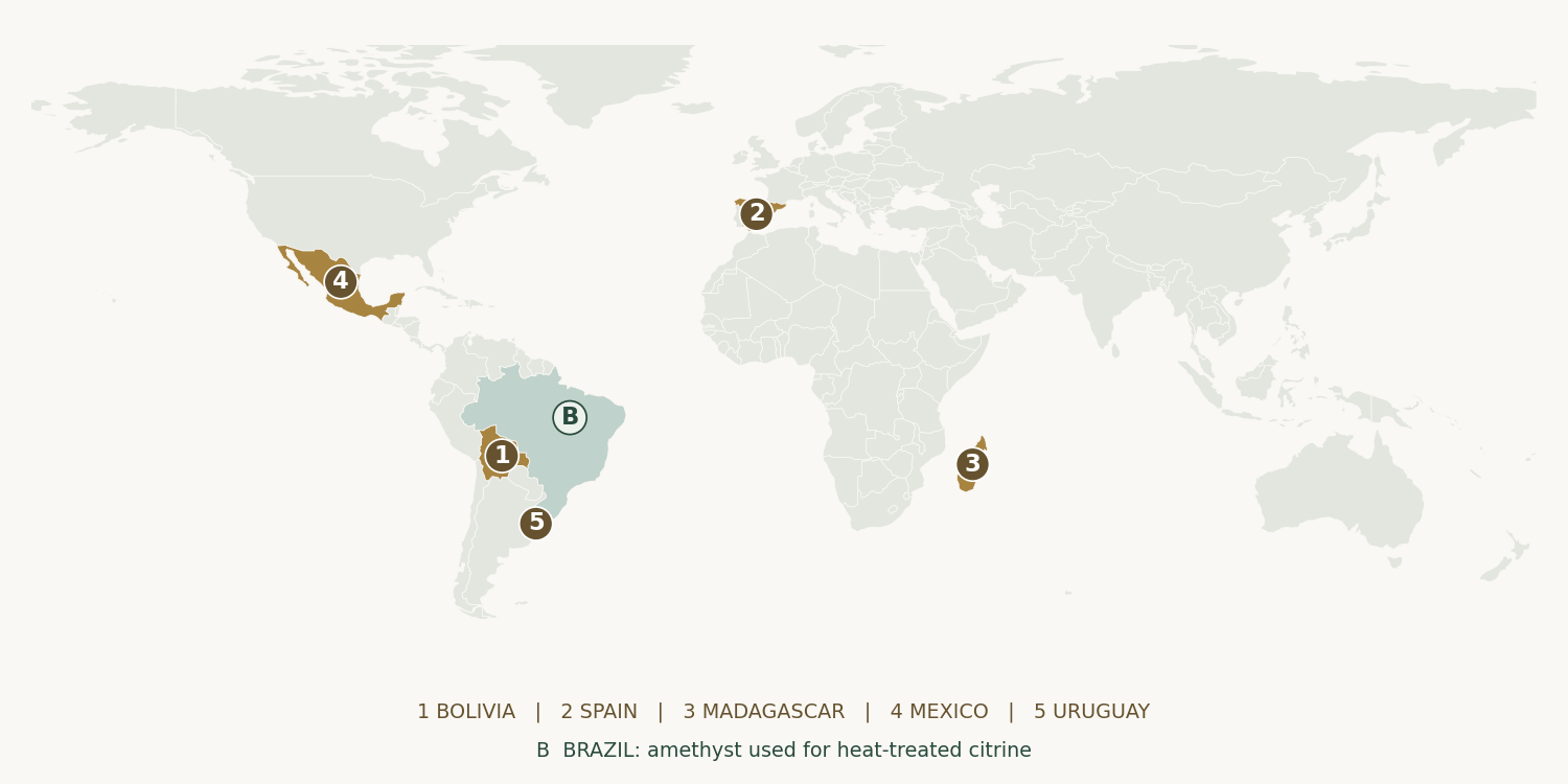 シトリンの代表的な産地:ボリビア、スペイン、マダガスカル、メキシコ、ウルグアイ。ブラジルは加熱処理用アメジストの産地として表示