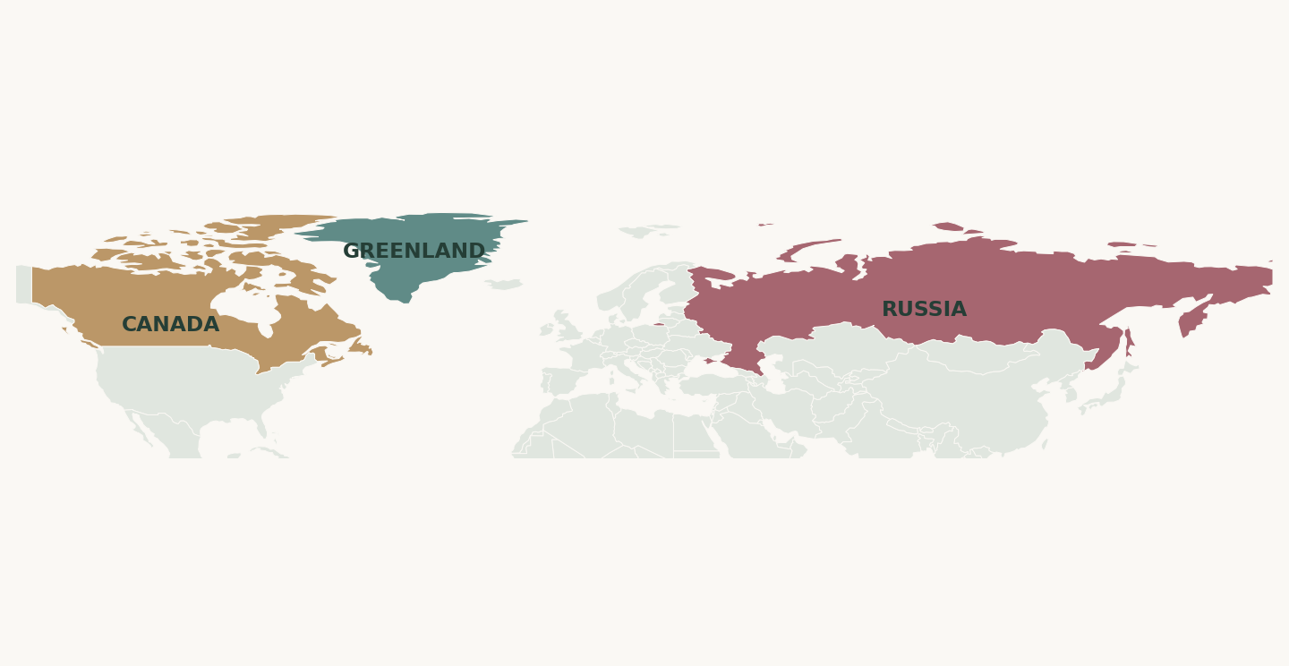 ユーディアライトの産地としてカナダ、グリーンランド、ロシアを示した位置図
