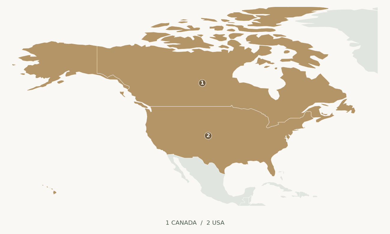 ハウライトの産出例があるカナダとアメリカの国位置図